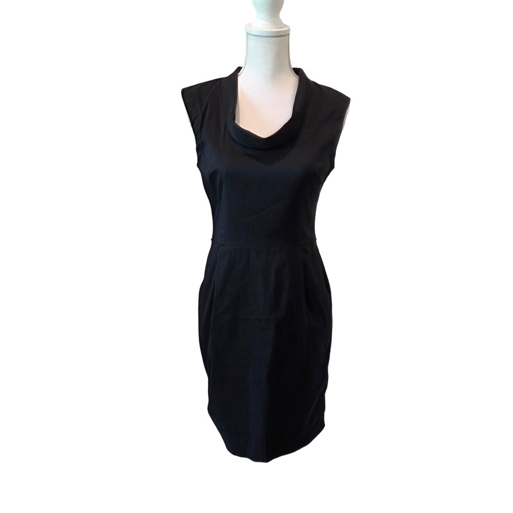 Ann Taylor Cowl Neck Sheath Dress Sleeveless Pockets Black Office Classic Size 4